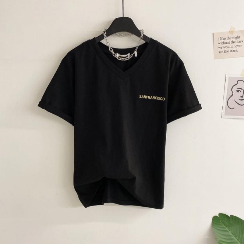 Honey J Women Embroidered LeTTering V Neck T shirT 4colors