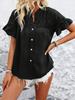 1116 European and American women's clothing casual short-sleeved pleated shirt button solid color cotton and linen stand-up collar shirt women