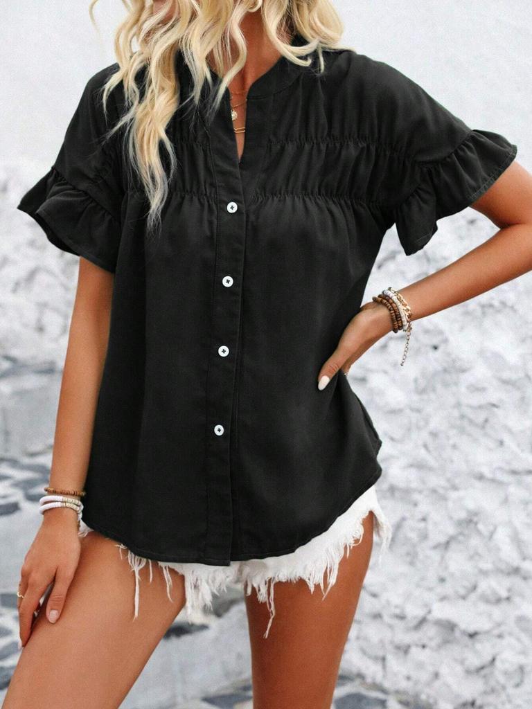 1116 European and American women's clothing casual short-sleeved pleated shirt button solid color cotton and linen stand-up collar shirt women