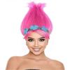 Peluca Puntiaguda Vibrante Rosa de Princesa Troll con Corona Floral Verde y Azul para Adulto, Diseño Universal Sin Gorra, Fibra Sintética Ignífuga