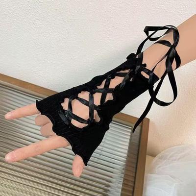 Yousheng 1 Pair Women Arm Sleeves JK Lolita Style Hollow Out Lace-up Shirring Edge Fingerless Cosplay Performances Bride Wedding Photo Prop Arm Cuffs