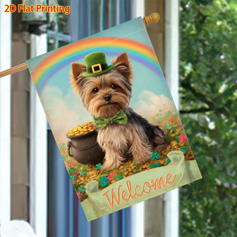 1pcs, St Patrick's Day, Yorkshire Terrier wearing a green hat, Golden coins, clover, rainbow (2) - Flagdouble-sided garden flag courtyard decoration,
