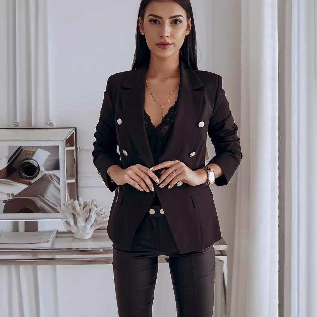 Dámský oblek Kabát Klopa Dlouhý rukáv Dvouřadá bunda s kapsami s klopou Jednobarevné Kancelářské dámské svrchní oblečení volného střihu