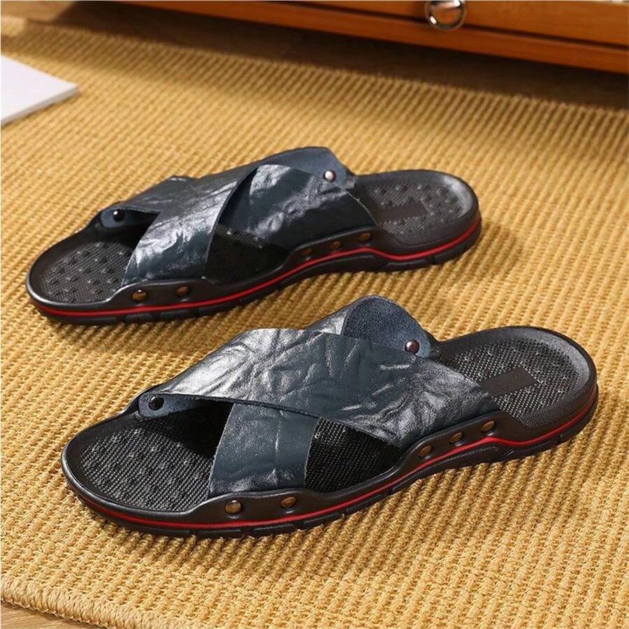 

Fashion Summer 2025 New Men s Leather Casual Shoes Versatile Slippers Home Anti Slip Comfortable Men s Beach Flat Mens Slip on Half Drag 38 синий