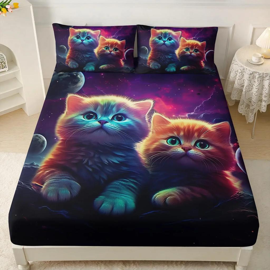 Urocze Koty Prześcieradło z Gumką, Koty Arkusze do Łóżka dla Dzieci Chłopców Dziewczynek Kawaii Zwierzę Zestaw do Łóżka Miękkie Trwałe Prześcieradła Pojedynczy Rozmiar