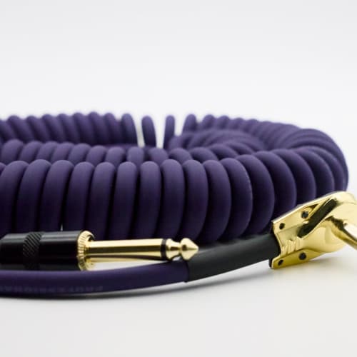 6m Guitar Coiled Cable with Bass Shield, L-S Type, 6.35mm Stereo Plug, Pancake Connector, Instrument Cable (Purple)