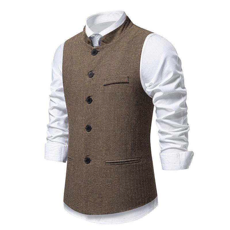 Autumn British Style Retro Vest For Men Fashion Stand Collar Herringbone Coarse Tweed Suit Vest Waistcoat Vintage Gentleman