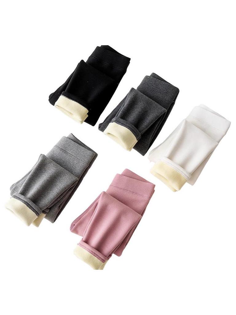 Leggings épais en coton doublé polaire pour filles - Pantalons d'hiver chauds de couleur unie
