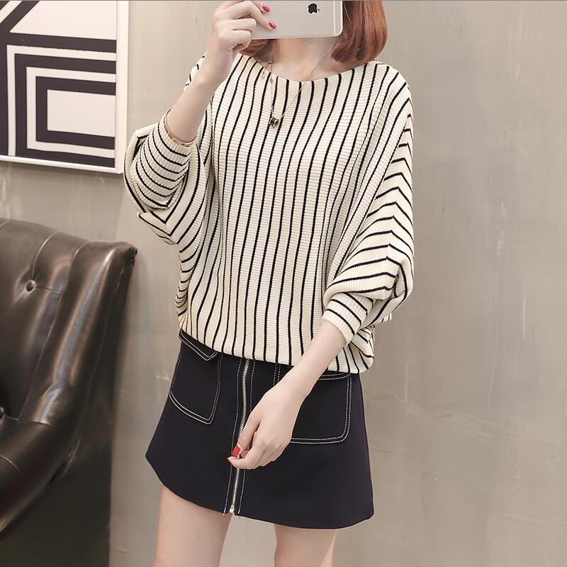 2022 Women Casual O Neck Sweater Batwing Sleeve Striped Pullover Flat Knitted Female Lady Clothes