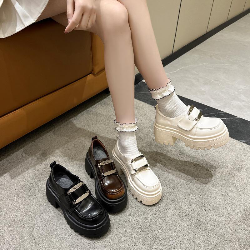 Cowhide Platform Loafers Women's Spring 2025 Velcro Versatile British Style Small Leather Shoes Single Shoes High Heel
