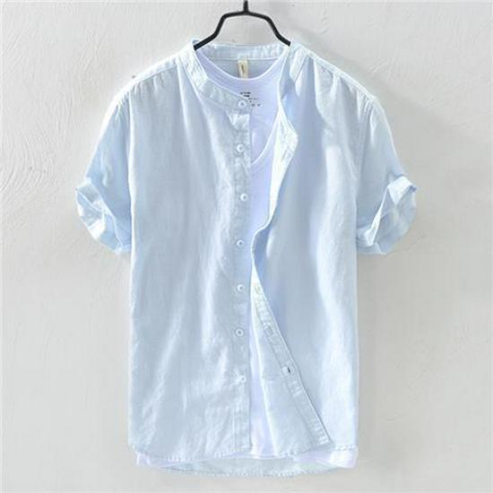 Men's Short-Sleeve Stand Collar White Linen Shirt, Casual Loose Fit, Lightweight Summer Cotton.