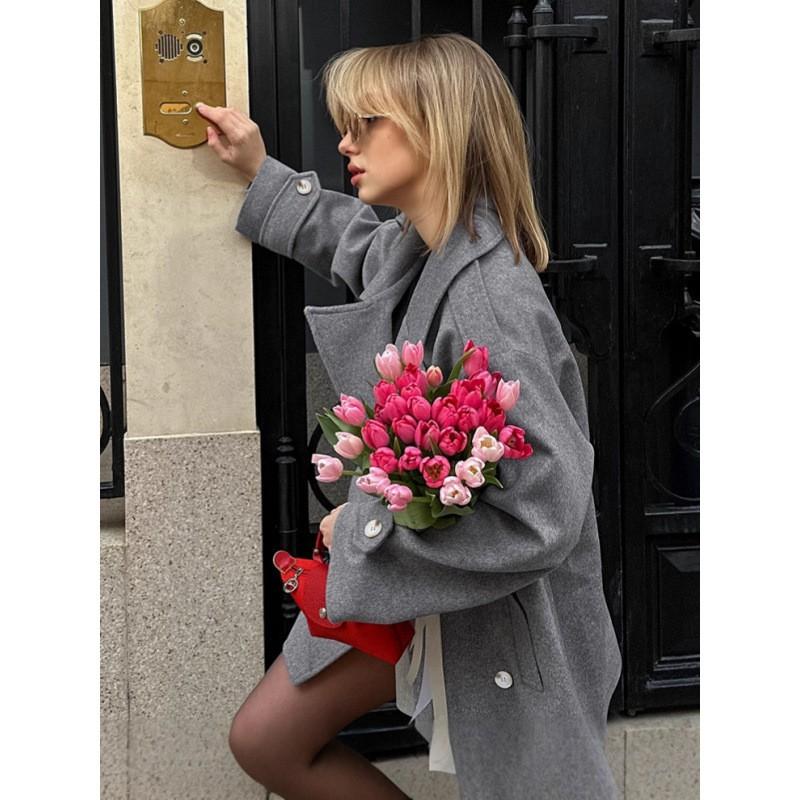 Womens French Style Gray Wool Blend Blazer 2026 Elegant Loose Mid-Length Coat Office Commute