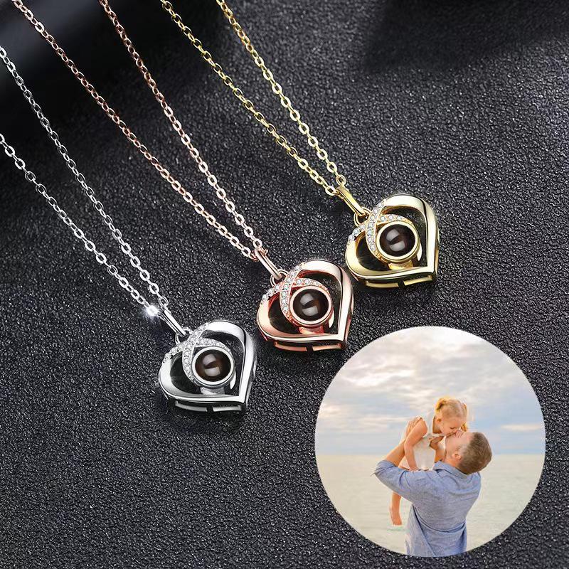 100 Languages Love Projection Necklace: Custom Photo Heart Pendant with Clavicle Chain