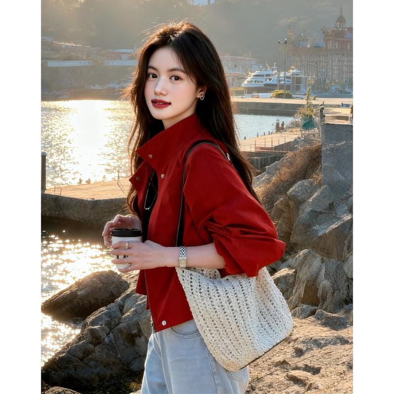 Women s Casual Stand-Up Collar Drawstring Jacket S