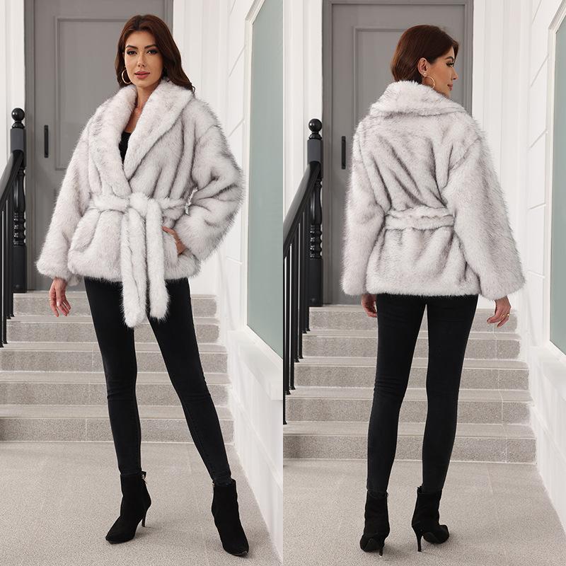 Imitation Fur Belt Belt Medium and Long Jacket Fashion Trend Women's Clothing Warm Thickened Plush Long-sleeved Jacket