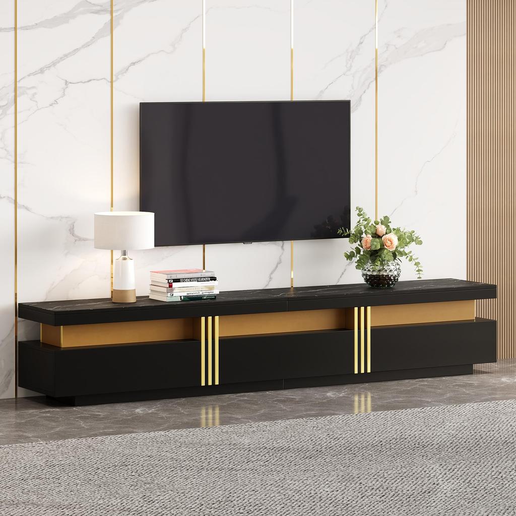 TV-Schrank TV Board drei Schublade, TV-ständer Fernseher bis zu 90 Zoll, Fernsehtisch Wohnzimmer, Esszimmer, Schlafzimmer, Ink. 200cm, Schwarz