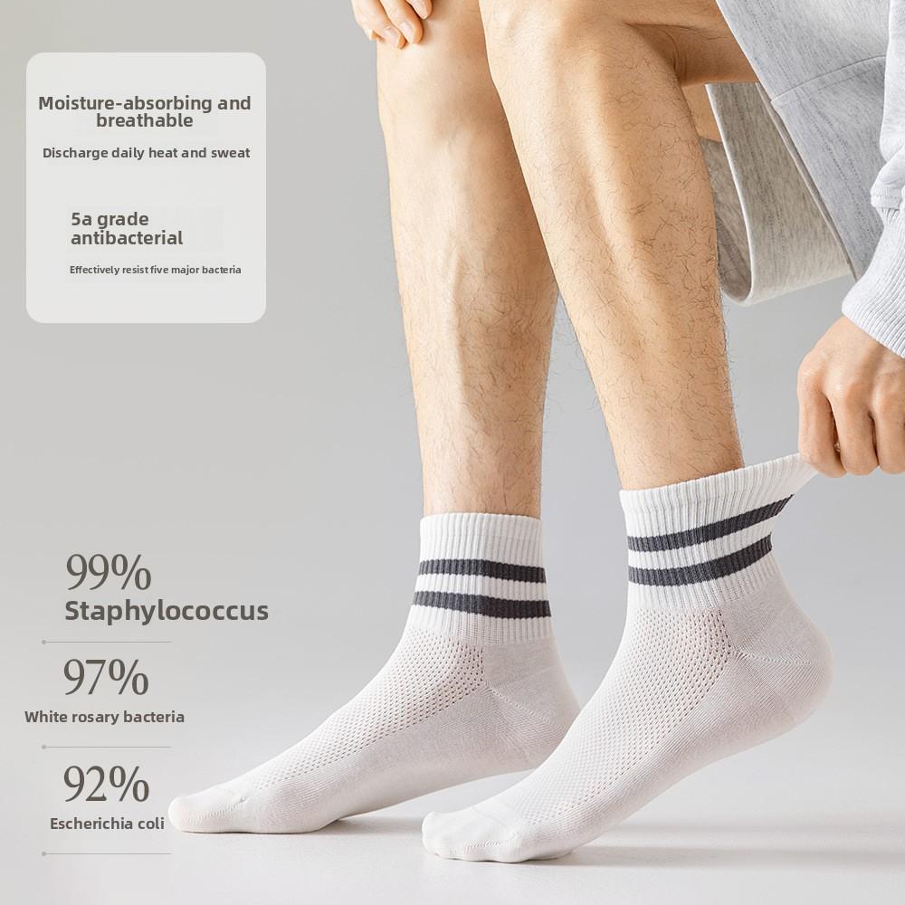 5 Pairs of Men's Summer Breathable Thin Striped Sports Wicking Sweat Pure Cotton Boneless Short Socks