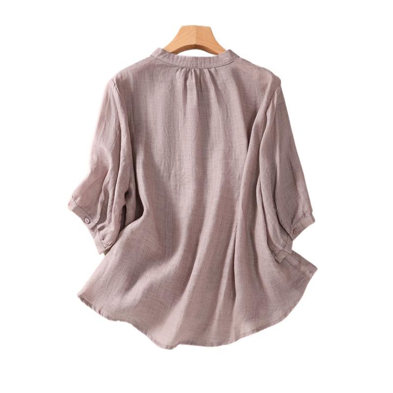 Summer Shirt Art Retro Loose Solid Color Stand Collar Short Sleeve Blouses Women's Shirt Top