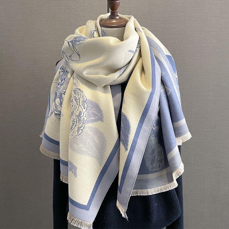 Autumn and Winter Scarf Women's New Shawl Outer Layer High End Peony Flower Scarf Office Blanket Imitation Cashmere Thickened Warm