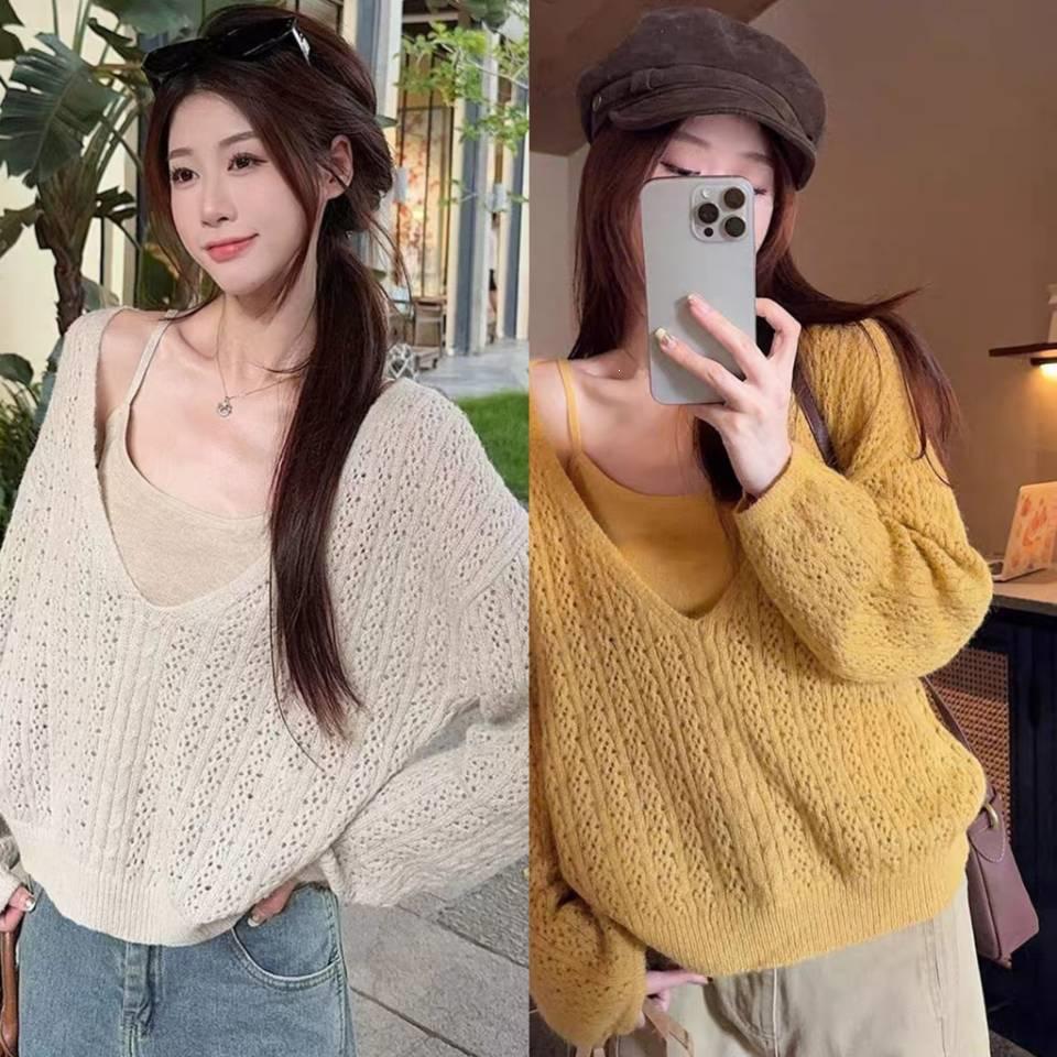 Women's Spring V-Neck Mohair Knit Top & Camisole Set - Casual Hollow Design, Long Hair Texture, Perfect for Autumn