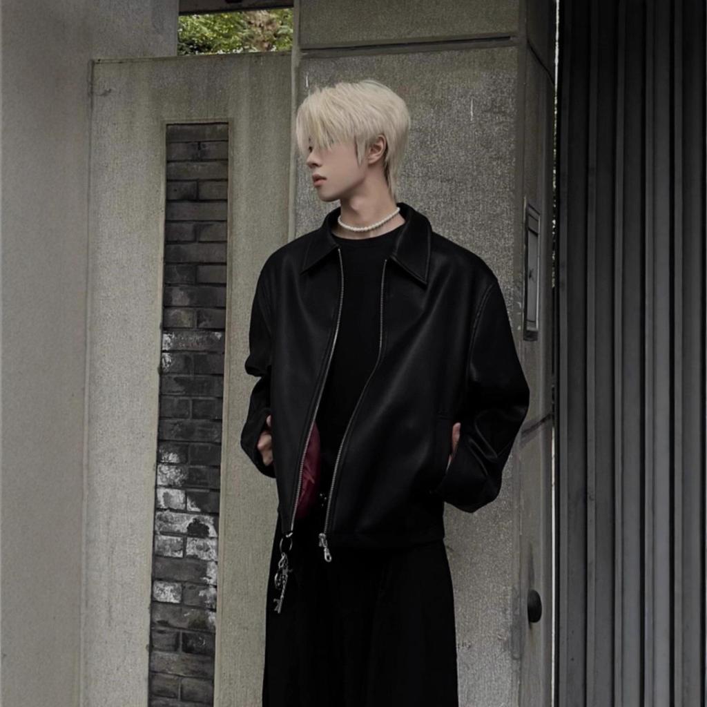 Men's Trendy Korean Style Black and Red PU Leather Jacket with Lapel