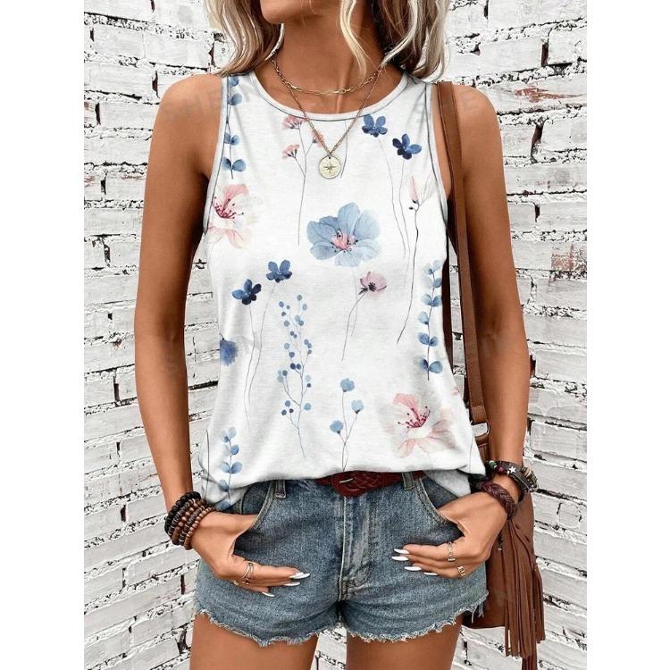 Summer Daily Casual Women's O-neck Tank Top Street Fashion Flower Print Sleeveless Outdoor Sports Top