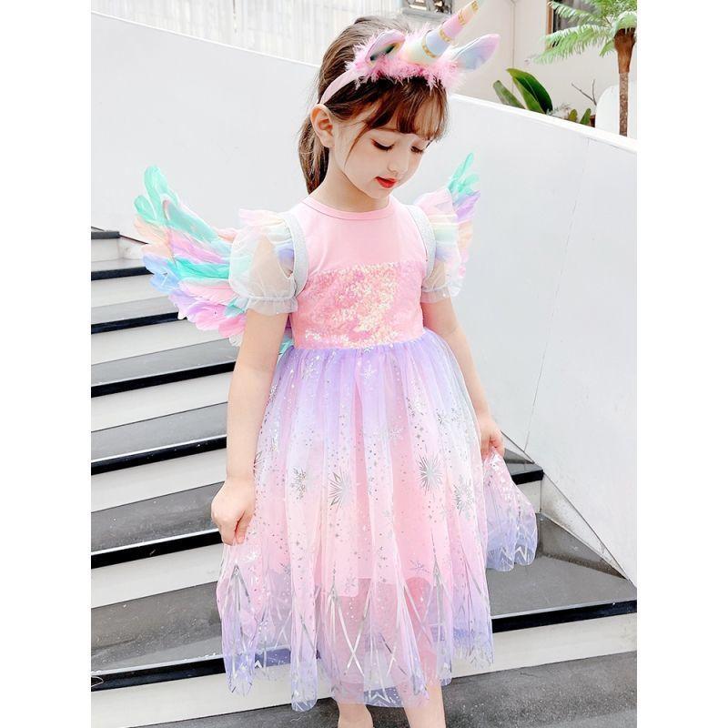 Girls' Fashionable Unicorn Winged Dress: Summer Children's Tulle Princess Dress