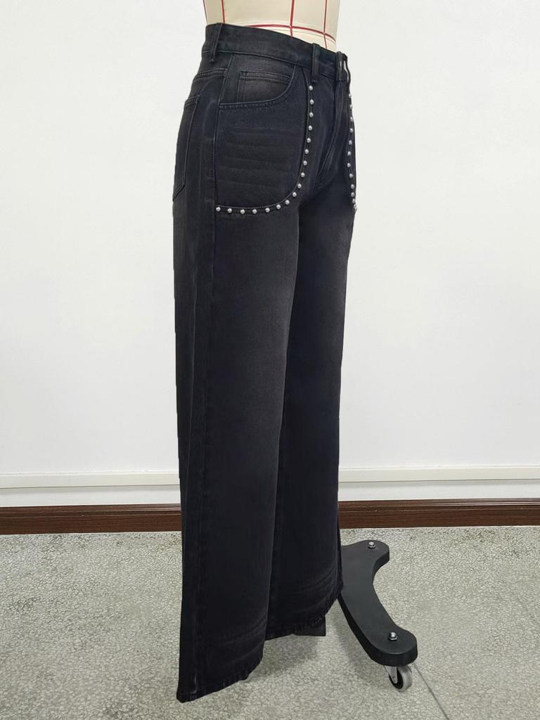 Women's Riveted Black Washed Denim Jeans - Casual Loose Straight Leg Pants for Spring/Summer