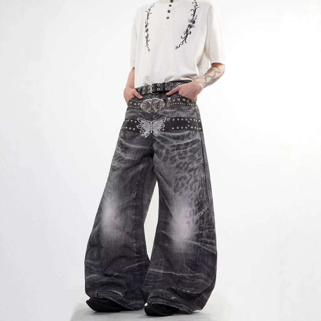 American retro washed old scimitar jeans summer new loose straight wide-leg floor pants
