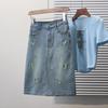 Dimanaf 2025 Plus Size Summer Denim Skirts Women Clothing Blue Floral Fashion A-Line Jeans Skirt High Waist