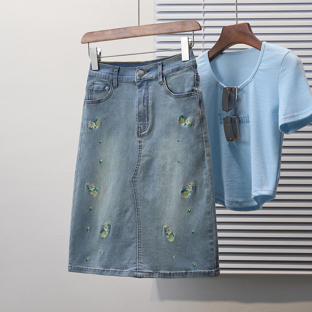 Dimanaf 2025 Plus Size Summer Denim Skirts Women Clothing Blue Floral Fashion A-Line Jeans Skirt High Waist