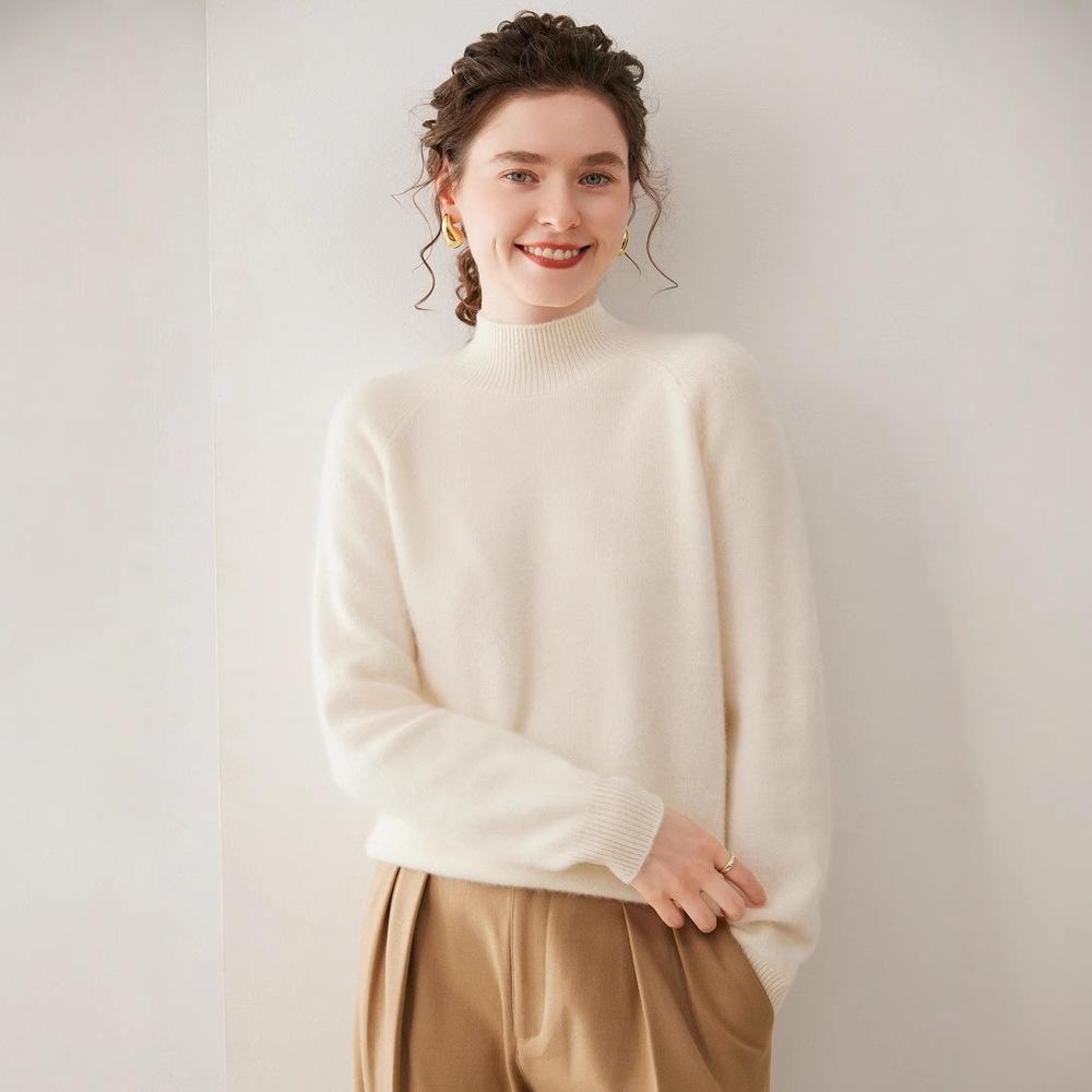 Women's Cashmere Double-Ply Thick Knit Sweater - Half-High Neck, Drop Shoulder, Versatile Solid Color, Autumn/Winter Warm Base Layer