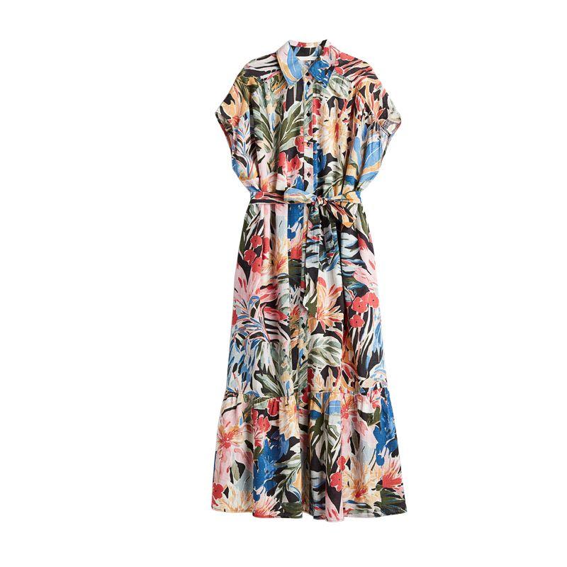 

Spring and Summer Women s Clothing Cover Sleeve Design Cotton Blend Lapel Print Shoelace Shirt Style Dress 1241455 Figure L