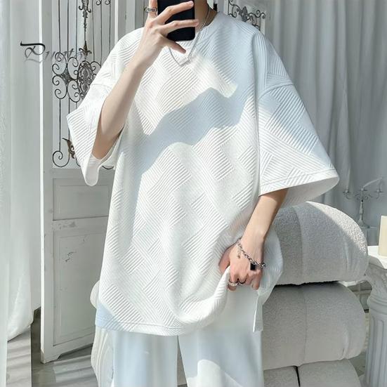 Camiseta de verano para hombre, cuello redondo, holgada, de largo medio, de color liso, con textura de gofre, talla grande, media manga, estilo japonés, ropa de calle para exteriores