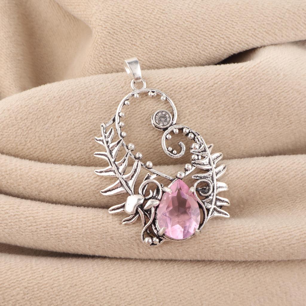 Natural Morganite Gemstone 925 Sterling Silver Women Jewelry Good-Luck Pendant 1.8" Gift For Wife CP-42-12