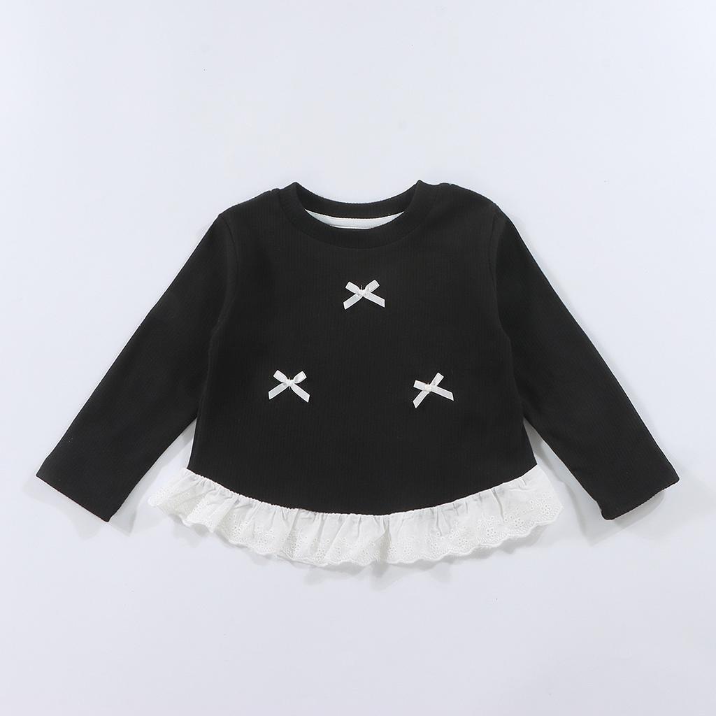 Girls Spring Base Layer Versatile Long-Sleeve Lace Round-Neck Top with Bow Korean-Style Outerwear for Girls