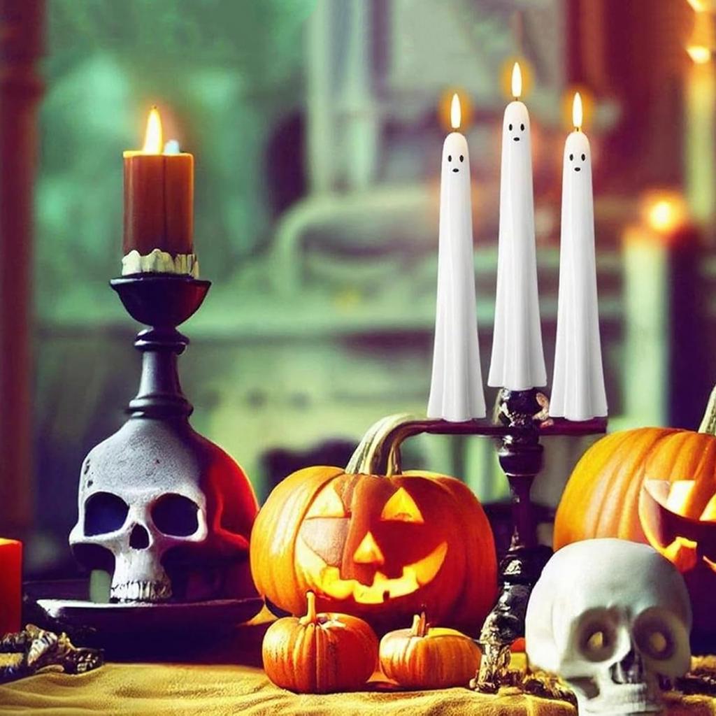 Ghost Shaped Plastic Candles Battery Operated 2/4/6 Pack White Spooky Candles with Remote and Timer for Wedding Party Home Decor