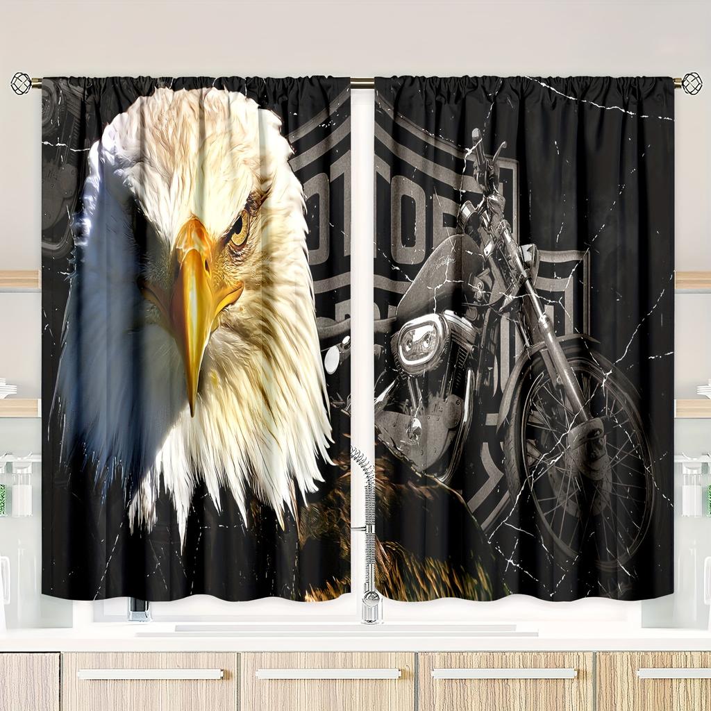 2 Pieces - Eagle  Motorcycle Printed Curtain - Polyester Material - Suitable for Bedroom Living Room Study Room Privacy Curtain