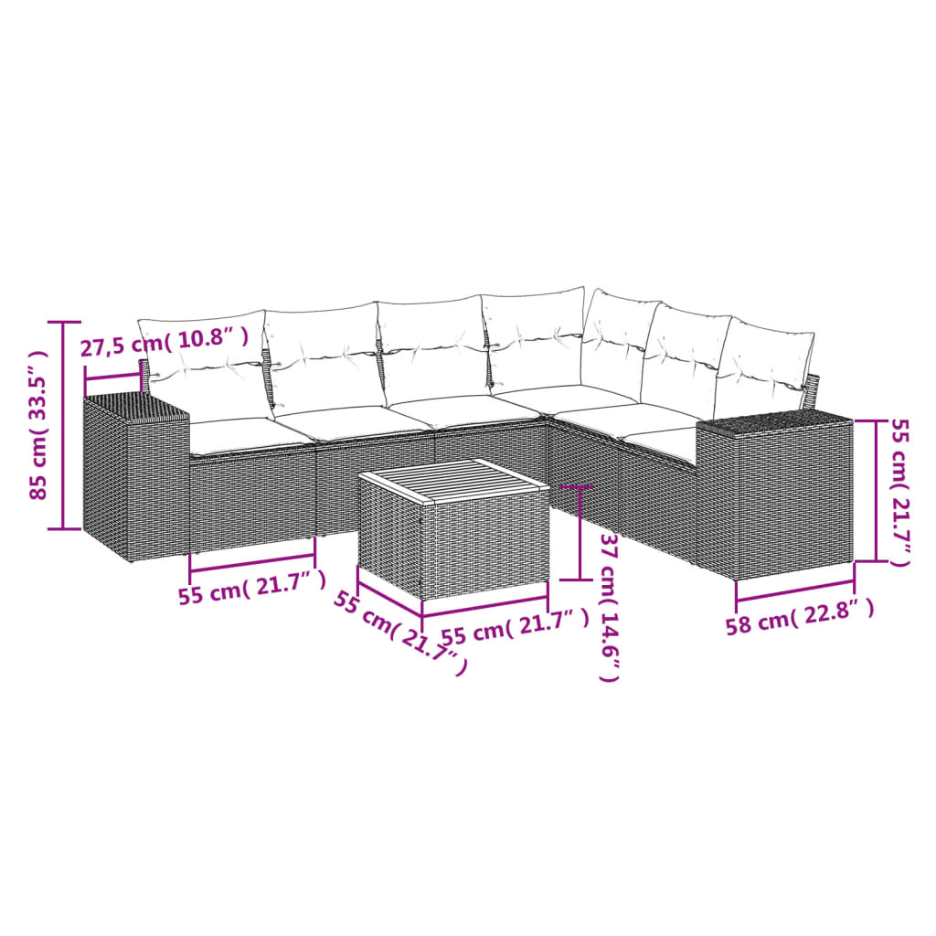 7 piece Garden Sofa Set with Cushions Black Poly Rattan