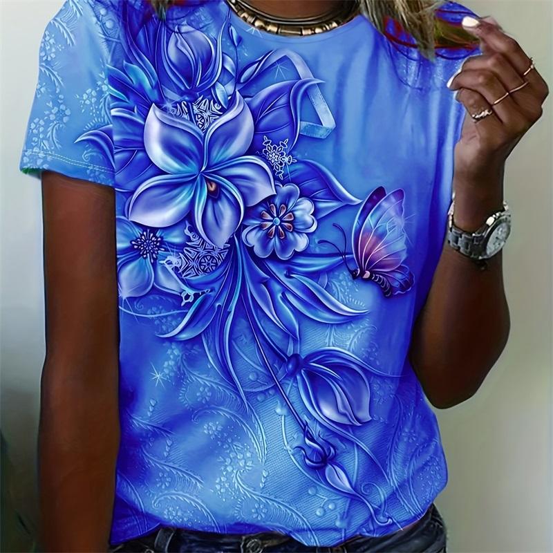 Damen Blume Schmetterling Aufdruck T-Shirt Sommer NEU Oversized Beliebtes T-Shirt Kleidung Damen Kurzarm T-Shirts