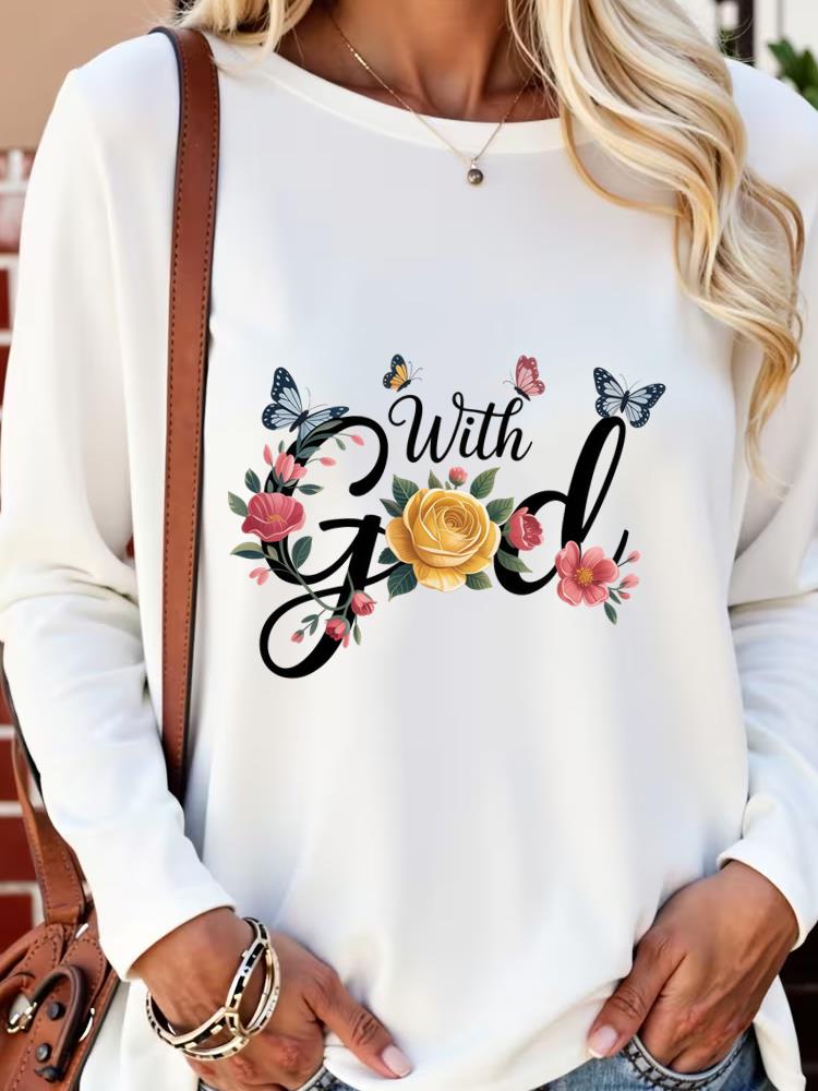 

(Asian Size) butterfly trend cute autumn winter spring Casual Fashion Print T Shirt Tee Women Clothing Top o-neck Graphic Long Sleeve T-shirts S