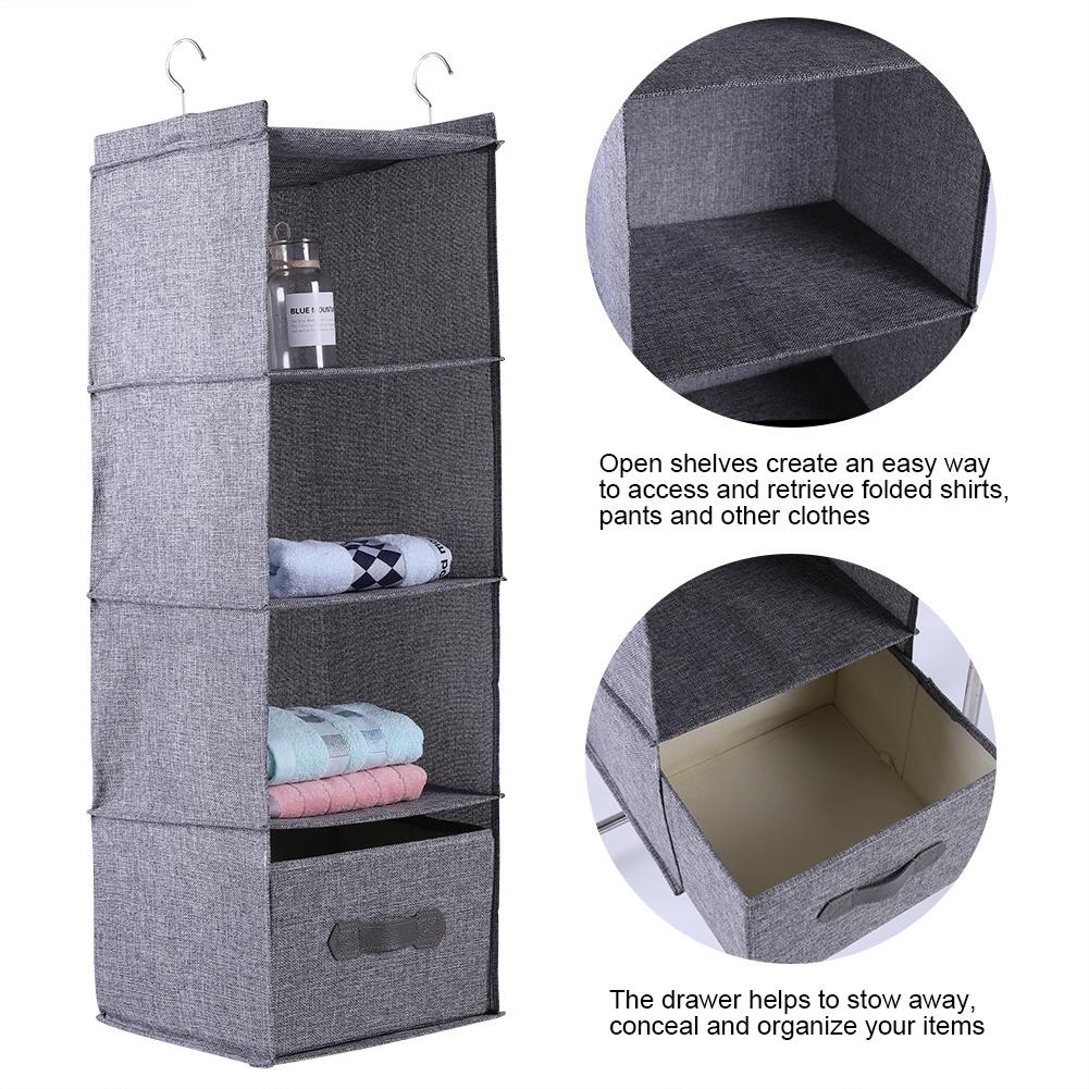 Hanging Closet   Clothes Clothing Storage Holder 4 Shelves with Drawer (Gray)