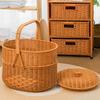 Oval Double-Layer Picnic Basket PP Wicker-Style Storage Tote Fruits Vegetables Outdoor Camping