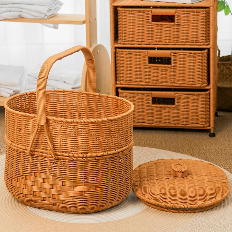 Oval Double-Layer Picnic Basket PP Wicker-Style Storage Tote Fruits Vegetables Outdoor Camping