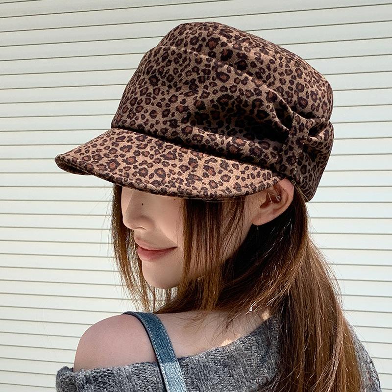 Retro leopard print newsboy hat women's autumn new bow octagonal hat showing face small casual duck tongue navy hat