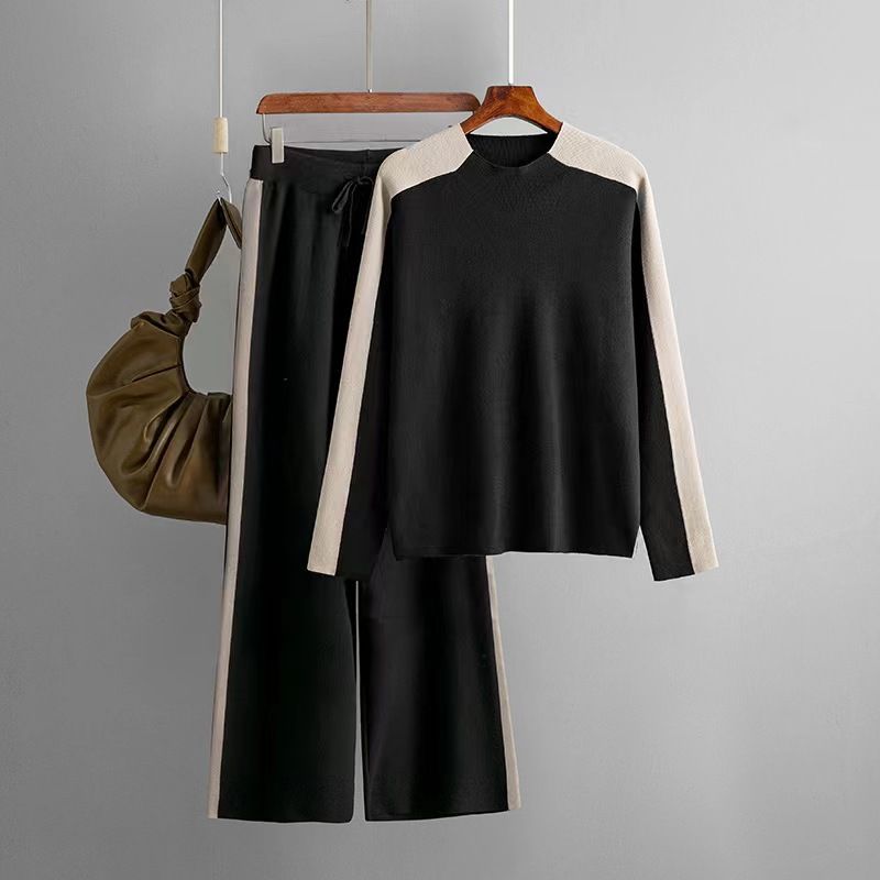 

Fashion Knitting Mock Neck Sweater Pants Suit Half High Collar Sweater Pants Set Black All yards