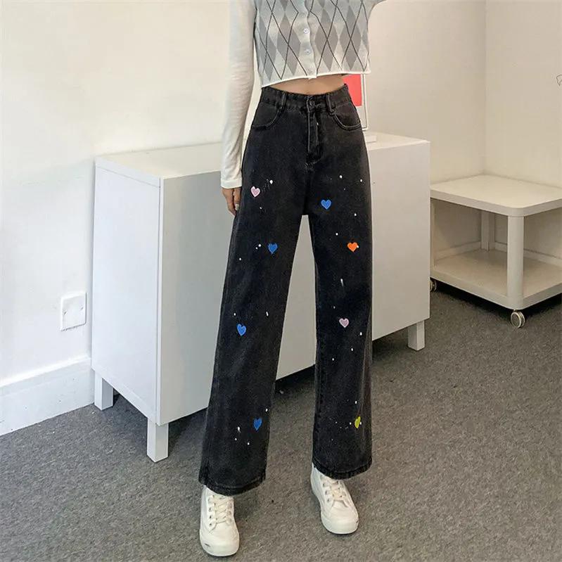 

Джинсы женские WTEMPO Black Heart Embroidered Splashed Ink, осенне-зимние, с высокой талией, прямые, широкие, свободные, джинсовые брюки M чёрный
