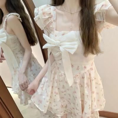 French Sweet Wind Small Flying Sleeves Floral Dress Women's Summer Small Bow Waist On the Run Princess Short Skirt