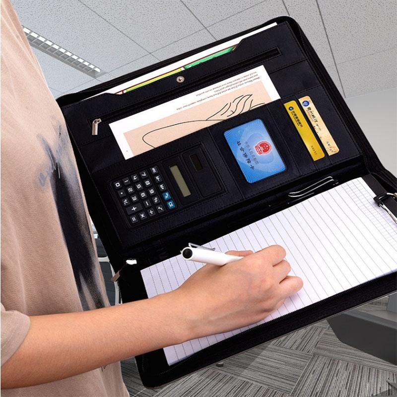 A4 Pu Leather Business Padfolio Organizer Vintage Binder Business Manager Document Pads Office File Folder With Calculator
