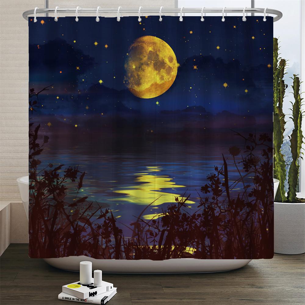 Full Moon Shower Curtain Ocean Landscape Starry Sky Waterproof Fabric Shower Curtains Bathroom Accessories Curtain With Hooks
